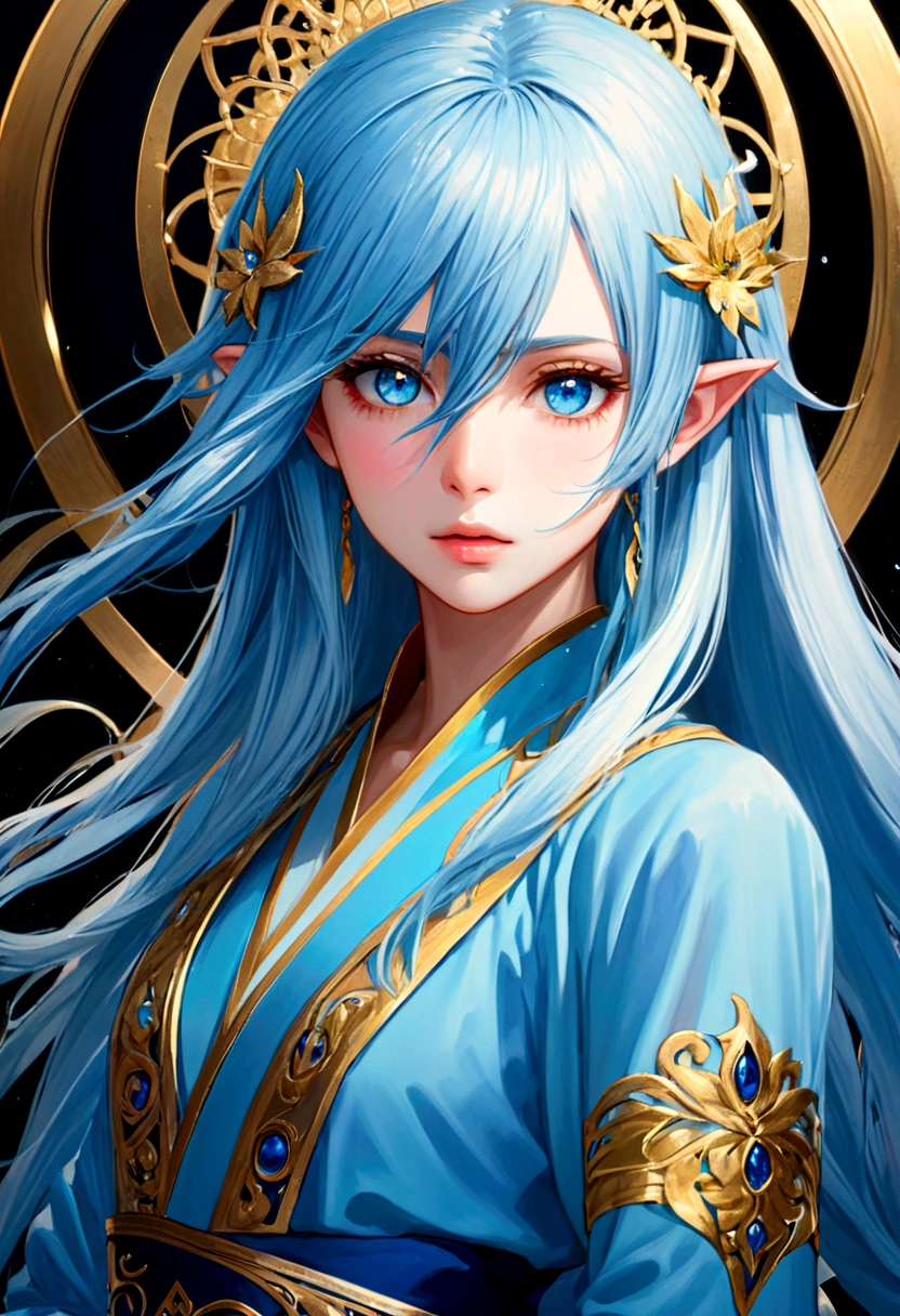 Rimuru Tempest, blue long hair, golden eyes, androgynous appearance, highly detailed illustration, beautiful lighting, (best quality,4k,8k,highres,masterpiece:1.2),ultra-detailed,(realistic,photorealistic,photo-realistic:1.37),intricate details, soft colors, digital art, fantasy character, cinematic lighting, dramatic pose, ethereal, elegant, mystical