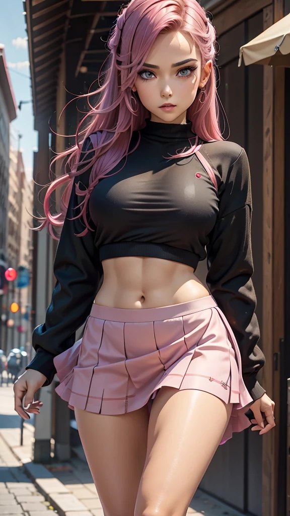 a masterpiece, best quality, highres, absurdres, 1girl, crowd, skirt, ((wind blowing skirt up)), laced underwear, pink hair, gasai yuno, from below, revealing clothes, skindentation, outdoors, sunlight, street, looking at viewer, blush, detailed face, beautiful detailed eyes, beautiful detailed lips, extremely detailed face, long eyelashes, cinematic lighting, depth of field, volumetric lighting, photorealistic, digital painting, concept art, vibrant colors, dynamic pose