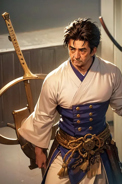 Highest quality，High resolution，((Shinzo Abe)) ，Kenshiro，Fist of the North Star，samurai，One person，warrior，armor，（dark blue_coat...