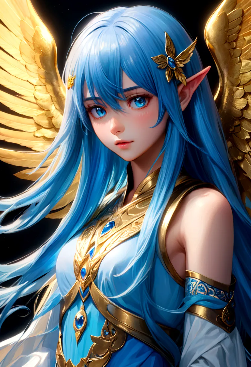 Rimuru Tempest, blue long hair, golden eyes, androgynous appearance, highly detailed illustration, beautiful lighting, (best qua...