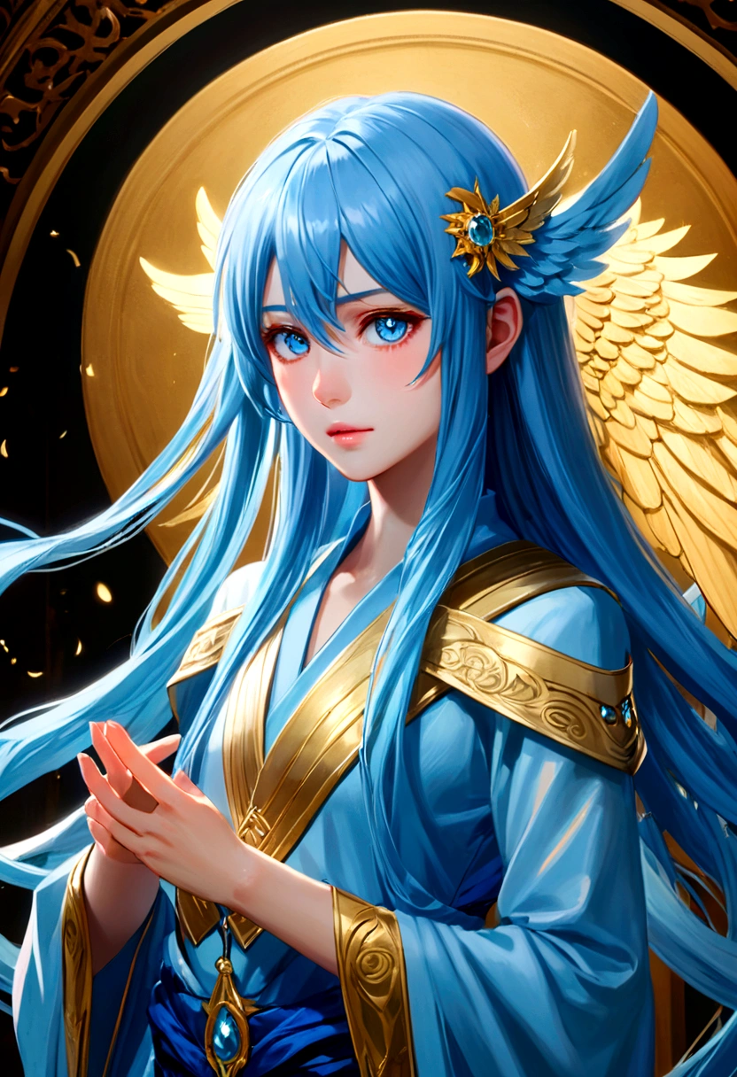 Rimuru Tempest, blue long hair, golden eyes, androgynous appearance, highly detailed illustration, beautiful lighting, (best quality,4k,8k,highres,masterpiece:1.2),ultra-detailed,(realistic,photorealistic,photo-realistic:1.37), soft colors, draw art, fantasy character, cinematic lighting, wings pose, ethereal, elegant, mystical