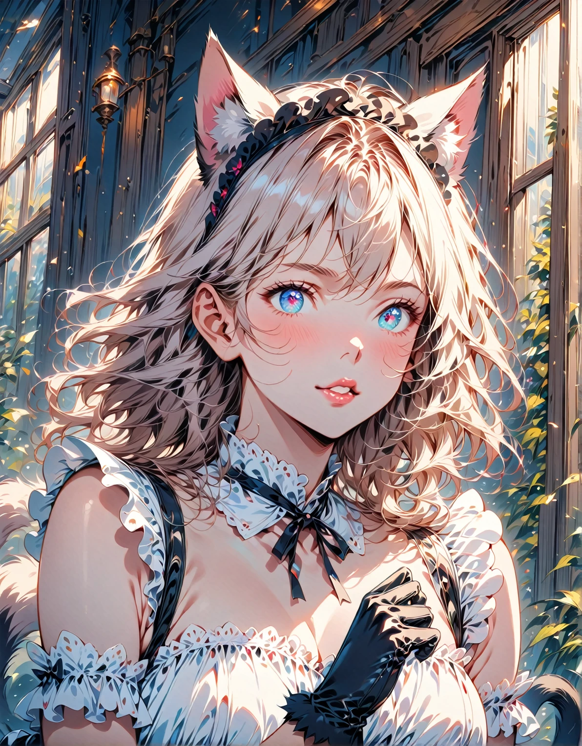 1girl, cute catgirl, white hair, cat ears, black cat paw gloves, cute, meowing expression, confident look, maid dress, best quality, 4k, 8k, highres, masterpiece, ultra-detailed, realistic, photorealistic, photo-realistic, HDR, UHD, studio lighting, extremely detailed eyes and face, longeyelashes, beautiful detailed eyes, beautiful detailed lips, anime manga style, vibrant colors, soft lighting. The scene must remember the funny anime scenes where the girl puts on gloves in the shape of a cat's paw and cat ears and a cat's tail to seduce the unlucky protagonist, lascivious and seductive look, like in "don't stress me nagatoro". 