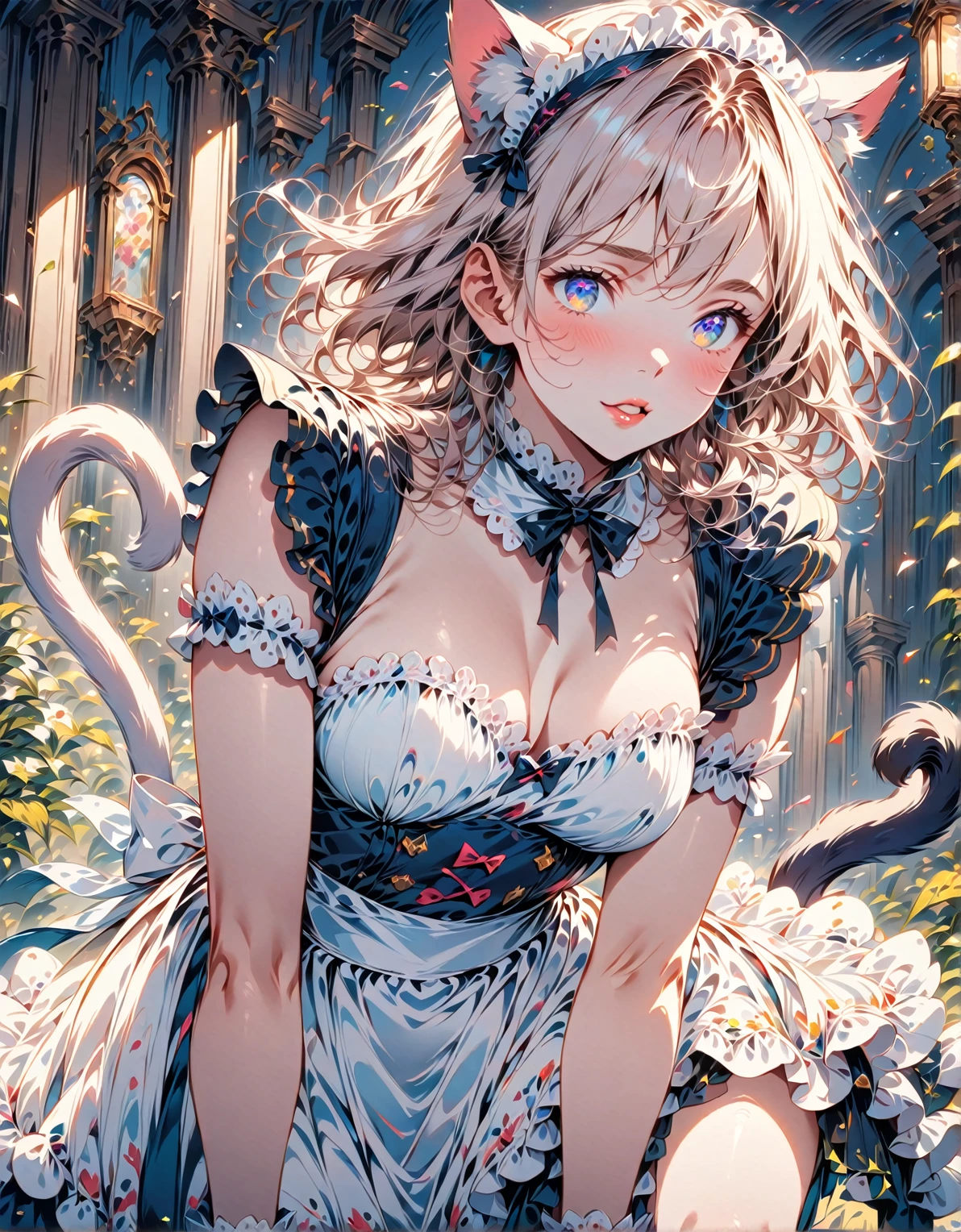 1girl, cute catgirl, white hair, cat ears, black cat paw gloves, cute, meowing expression, confident look, maid dress, best quality, 4k, 8k, highres, masterpiece, ultra-detailed, realistic, photorealistic, photo-realistic, HDR, UHD, studio lighting, extremely detailed eyes and face, longeyelashes, beautiful detailed eyes, beautiful detailed lips, anime manga style, vibrant colors, soft lighting. The scene must remember the funny anime scenes where the girl puts on gloves in the shape of a cat's paw and cat ears and a cat's tail to seduce the unlucky protagonist, lascivious and seductive look, like in "don't stress me nagatoro". 