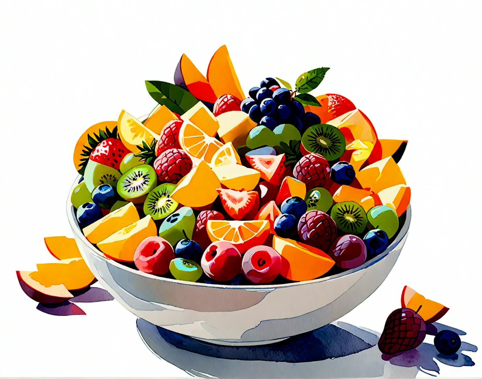 8k, super detail, award winning, highres, amazing quality, accurate, (((solid white background))), ((minimalist)), ((negative space)), a bowl full of fresh fruit salad, the bowl are made form wood, capture the fresh and delicious taste from the food, no object clip, no shadow clip, no blur, no human, no person, no text, no symbol, pseudo, beautiful color. ((watercolor))