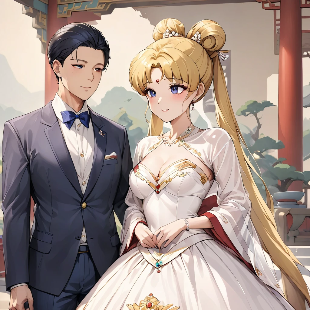 ((la plus haute qualité)), ((chef-d&#39;œuvre)), (détaillé), （visage parfait）、La femme est Tsukino Usagi, avec de longs cheveux blonds dans un chignon double queue.、Une femme porte un magnifique et éblouissant costume de mariage Hanfu rouge ancien et de luxueux accessoires de bijoux dans un ancien palais chinois et se marie avec un homme digne., le premier empereur, Dans un palais luxueux.、The man is le premier empereur of ancient China, porter une robe de mariée et se marier avec la femme.