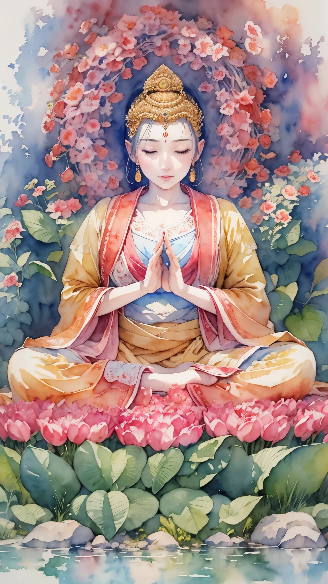 (masterpiece:1.2, Highest quality),(Very detailed),(((watercolor))),8K,wallpaper,Buddhist statue,Seat image,Enlightenment,Kind Face,wisdom,mercy,Quietly close your eyes
