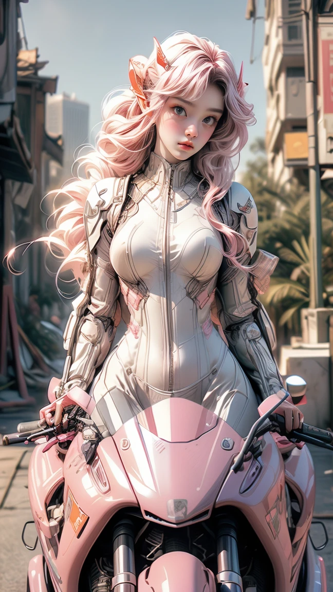 ((best quality)), ((masterpiece)), ((realistic)), (detailed), (photorealistic:1.5), (((succubus ))),((beautiful face, sharp face)), (thick body), (((pink bodysuit))), lights on armor, ((looking at viewer)), dynamic pose, post apocalyptic, destroyed city background, buildings on fire, science fiction, hdr, ray tracing, nvidia rtx, super-resolution, unreal 5, subsurface scattering, pbr texturing, post-processing, anisotropic filtering, depth of field, maximum clarity and sharpness, rule of thirds, 8k raw, (luminescent particles:1.4), (extremely detailed cg, unity 8k wallpaper, 3d, cinematic lighting, lens flare), reflections, sharp focus, cyberpunk art, cyberpunk architecture,((ride motorbike))