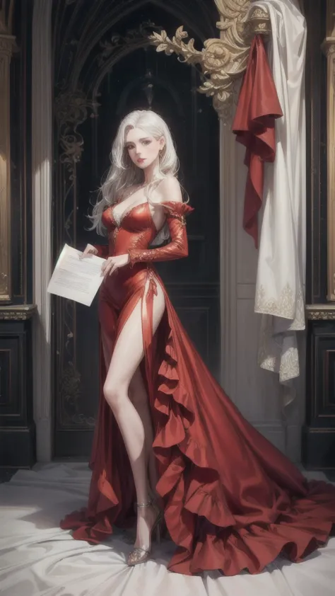 a realistic woman posing for a picture, long red dress, (oriented from the front:1.8), inspired by Hedi Xandt, tumblr, in las ve...