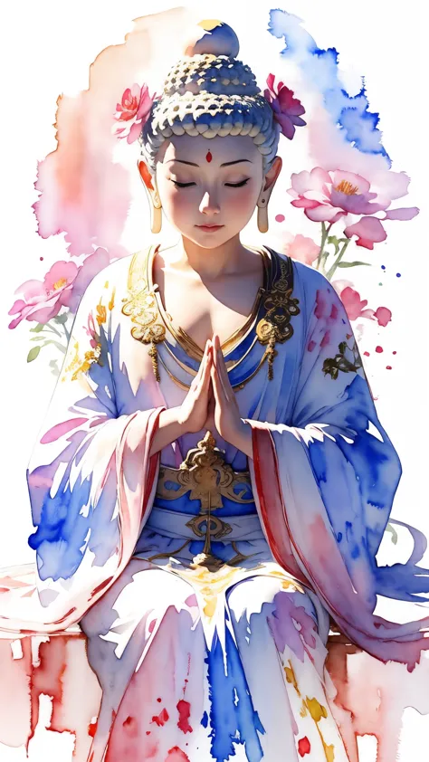 (masterpiece:1.2, Highest quality),(Very detailed),(((watercolor))),8K,wallpaper,Buddhist statue,Seat image,Enlightenment,Kind F...