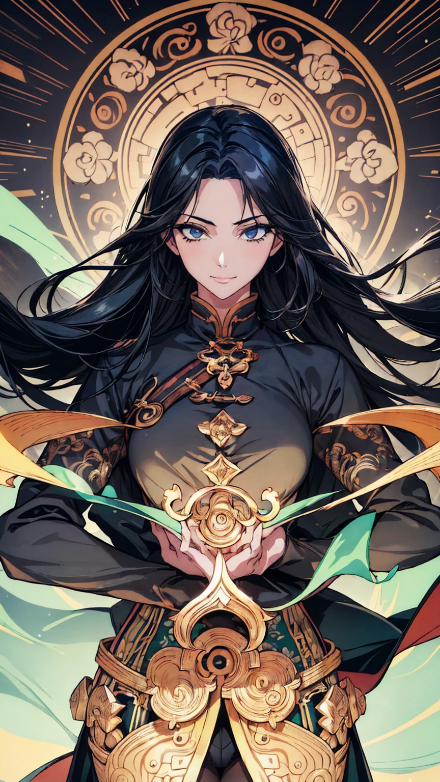 (art: 1.2), (Highest quality: 1.2) 1 female, mature, expensive (1.85cm), He looked about 25 years old, She had long black hair, Straight and shiny hair, Tied in Taoist Chinese style, Green eyes, Very fine grain, Perfect Eyes, Extremely realistic eyes, Well-formed eyes, Long eyelashes, Anime Style, Perfect Face, Mature woman&#39;s face, Fuller lips, smile, mature, Fair skin, Natural Body , Sexy Body, Mature woman&#39;s body, Perfect hands, Fine hand, Hands that are in proportion to the body, Realistic hands, Anatomically excellent arms, She was wearing a Chinese-style green dress decorated with gold and silver.、Still, her very large breasts and、Due to their size, they were unable to hide their huge, sagging breasts.。, Thick thighs, Wide Hips, Looking at the audience, Background Scene, Chinese-style pavilion hall, Posing alone Looking at the viewer