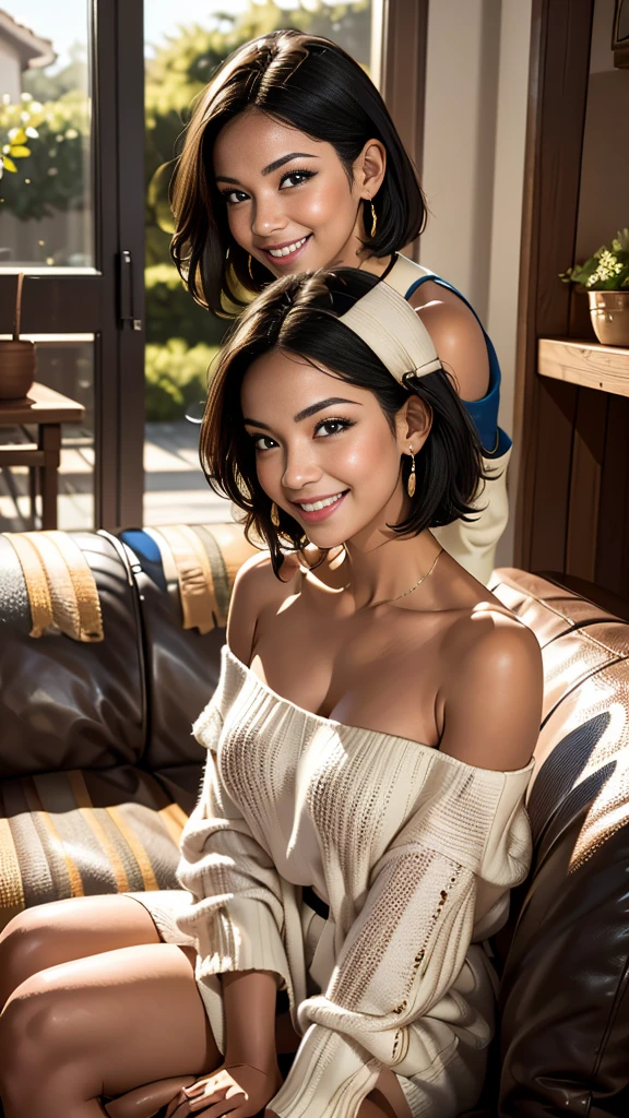 "prompt": "A woman with short black hair is sitting on a sofa, wearing a colorful off-shoulder knit that reaches her knees. She is radiating the best smile, exuding warmth and happiness. The scene is set in a cozy living room with soft lighting, highlighting her joyful expression. The knit is vibrant and detailed, adding a pop of color to the setting. The overall atmosphere is cheerful and inviting, capturing a moment of pure joy and comfort.",