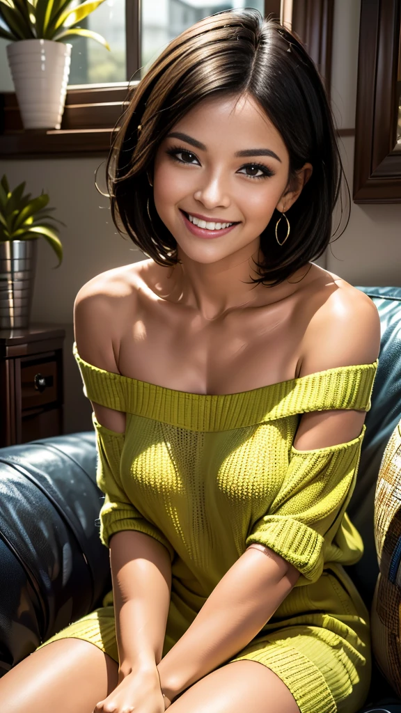 "prompt": "A woman with short black hair is sitting on a sofa, wearing a colorful off-shoulder knit that reaches her knees. She is radiating the best smile, exuding warmth and happiness. The scene is set in a cozy living room with soft lighting, highlighting her joyful expression. The knit is vibrant and detailed, adding a pop of color to the setting. The overall atmosphere is cheerful and inviting, capturing a moment of pure joy and comfort.",