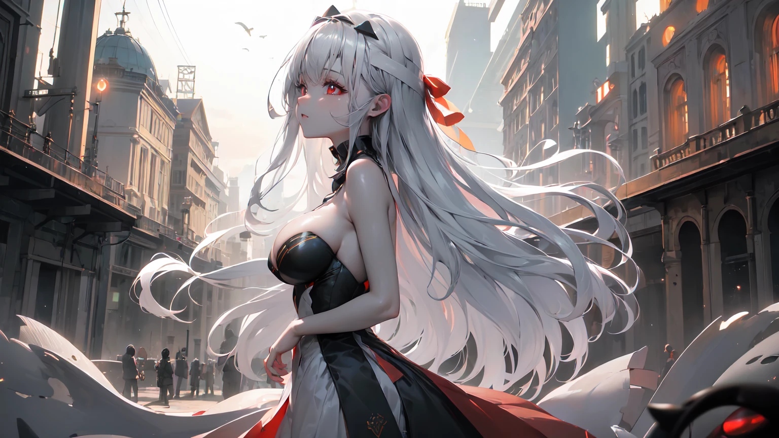 ((((Obra maestra, La mejor calidad, ultrahigh resolution)))), 1girl, standing, (cute maid costume), ((long pure silver hair and grey mesh hair, hair over eye)), long hair cut, pale skin, ((red eyes)), glowing_eyes, neon eyes, (ultra detailed eyes:0.7, beautiful and detailed face, detailed eyes:0.9), smile, ((wide shot)), facing viewer, ((vibrant background, bright lighting, summer, sunlight)), flat chested, looking at viewer, ((half closed eyes)), ((perfect hands)), (((head:1, arms, hips in view, elbows, arms, legs, in view))), ((hands behind back)), empty eyes, beautiful lighting, ((outside, outdoors)), defined subject, head tilt, (((gritty)), ((creepy)), ((cool)), ((beautiful)), (((SFW)))