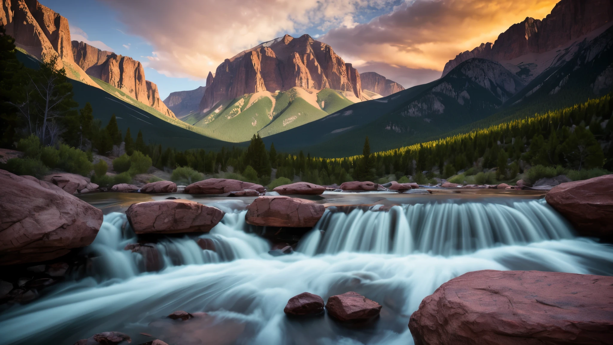 Foto auf Bodenhöhe innerhalb der Rocky Mountains in New Mexico, Staatspark, [perfekte PM-Lichtbedingungen, mit vielen Rot-Orange-Gelb-Violett-Tönen im Abendhimmel] mit einem Gefühl von Pracht und Demut [nach langem, starkem Regen mit fließendem Wasser][spektakulärer großer Asteroid, der beim Wiedereintritt in viele Stücke zerbricht] [Langzeitbelichtung mit Breitformat-Balgenkamera] [Sonnenstrahlen]  Echter Film mit hohem Dynamikbereich und Infrarot, preisgekrönt, Vermächtnis-Kunstwerk, 8k [Nachbearbeitung: Kurven anpassen an "S", Unscharfe Maske .25, ausweichen und Brennen, edge vignette]