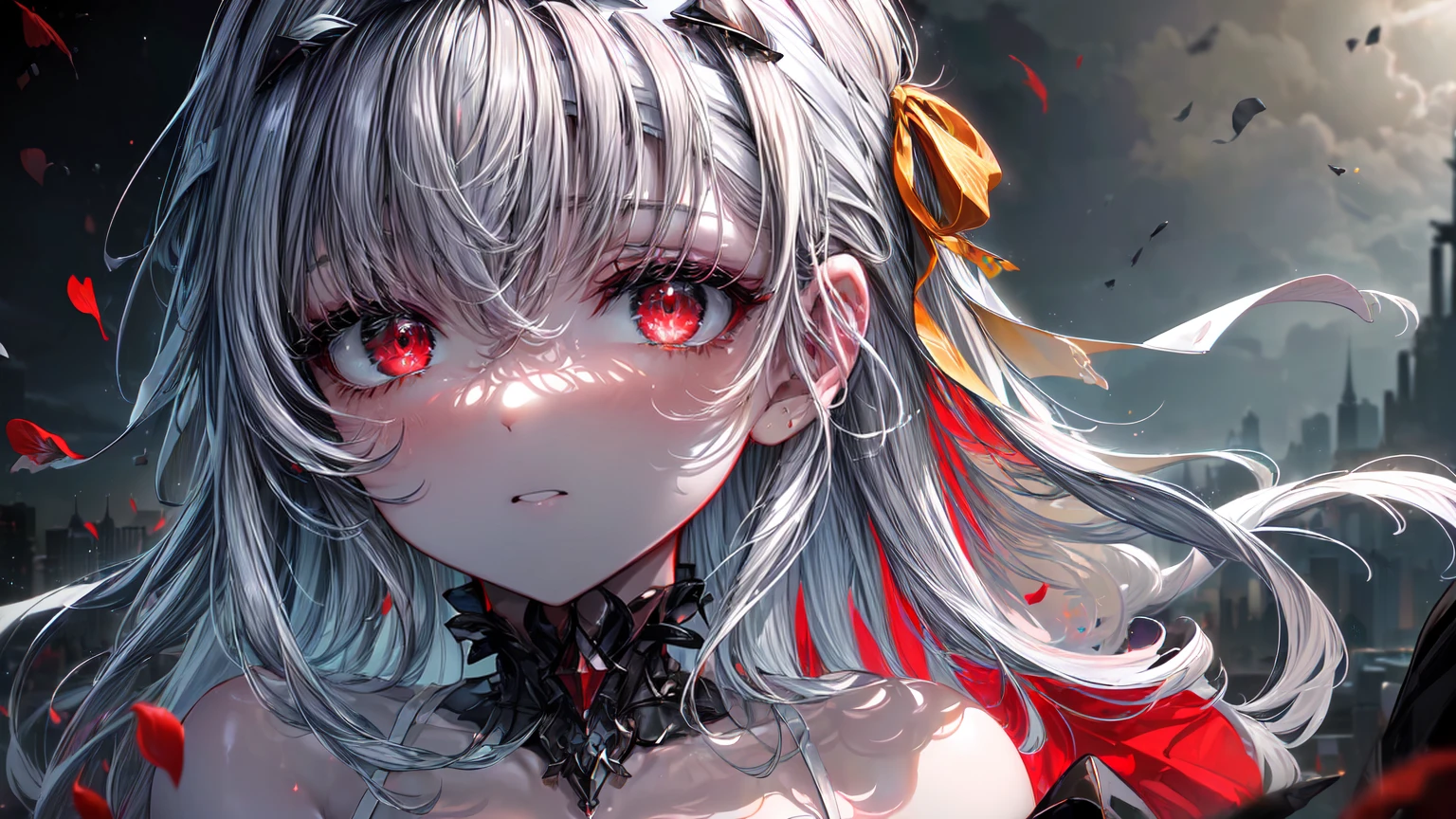 ((((Obra maestra, La mejor calidad, ultrahigh resolution)))), 1girl, standing,), ((long pure silver hair, hair over eye)), long hair cut, shiny skin, ((red eyes)), glowing_eyes, neon eyes, (ultra detailed eyes:0.7, beautiful and detailed face, detailed eyes:0.9), ((centered)), smirk, facing viewer, ((vibrant background, dark lighting, summer, sunlight)), large chested, looking at viewer, ((half closed eyes)), ((perfect hands)), (((head:1, arms, hips in view, elbows, in view))), ((hands behind back)), empty eyes, beautiful lighting, ((outside, outdoors)), defined subject, head tilt, (((gritty)), ((creepy)), ((cool)), ((beautiful)), (((SFW))), hair ornament, petals in the air, moon in the sky, city, mature woman, adult woman, sfw, red and white dress, night dress, she is a princess,