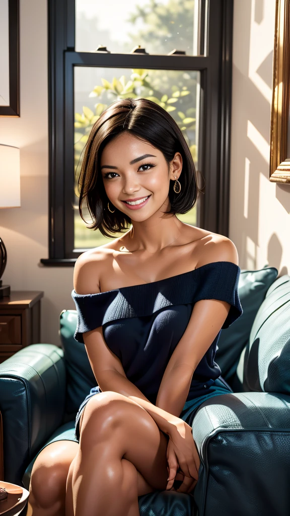 "prompt": "A woman with short black hair is sitting on a sofa, wearing a colorful off-shoulder knit that reaches her knees. She is radiating the best smile, exuding warmth and happiness. The scene is set in a cozy living room with soft lighting, highlighting her joyful expression. The knit is vibrant and detailed, adding a pop of color to the setting. The overall atmosphere is cheerful and inviting, capturing a moment of pure joy and comfort.",