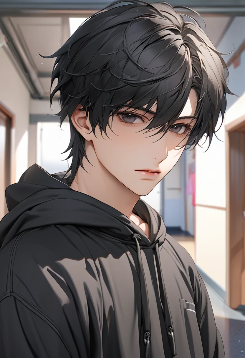 A highschool boy, handsome, perfect body, black hair, short hair, mullet black eyes, expressionless, black hoodie, anime, first-person view, masterpiece, anatomically correct, high details, highres, best quality, super detail, 1080P