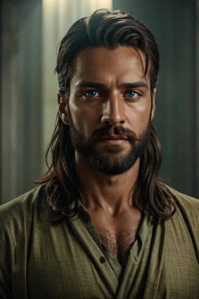 ultrahigh resolution, The best quality, Cinematographer, 4k, (photorealistic: 1.4), cinematic lighting, Handsome lord Christ Jesus 30 year old  barba, green eyes
