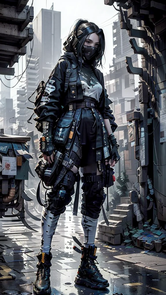 ((meilleure qualité)), ((chef-d&#39;œuvre)), (très détaillé:1.3), 3D, Beau (cyberpunk:1.3) femme samouraï de rue avec des cheveux épais et informes, pistolets portés sur les hanches, éclairage cinématographique, profondeur de champ.