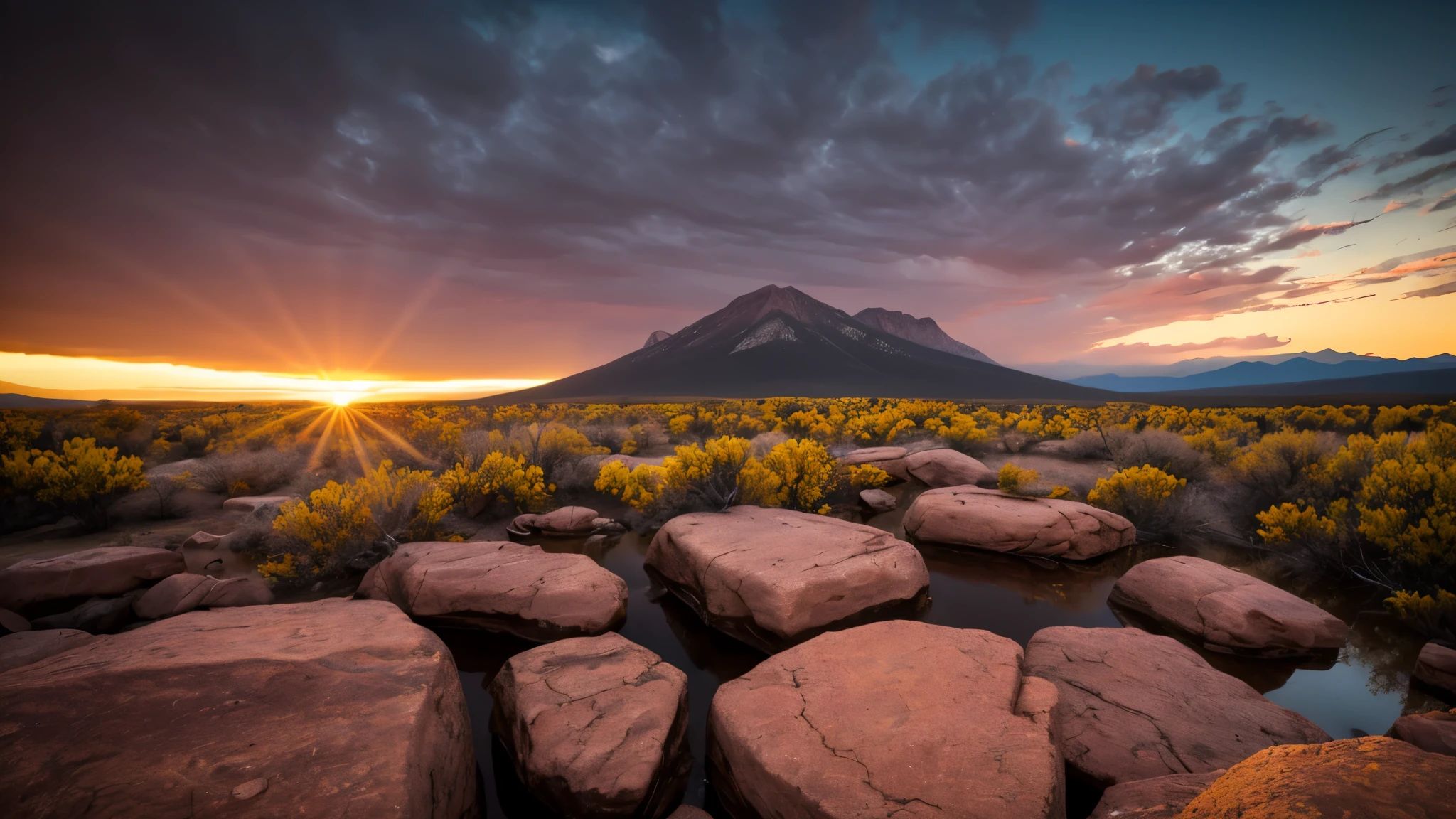 Foto auf Bodenhöhe innerhalb der Rocky Mountains in New Mexico, Staatspark, [perfekte PM-Lichtbedingungen, mit vielen Rot-Orange-Gelb-Violett-Tönen im Abendhimmel] mit einem Gefühl von Pracht und Demut [nach langem, starkem Regen mit fließendem Wasser][spektakulärer großer Asteroid, der beim Wiedereintritt in viele Stücke zerbricht] [Langzeitbelichtung mit Breitformat-Balgenkamera] [Sonnenstrahlen]  Echter Film mit hohem Dynamikbereich und Infrarot, preisgekrönt, Vermächtnis-Kunstwerk, 8k [Nachbearbeitung: Kurven anpassen an "S", Unscharfe Maske .25, ausweichen und Brennen, edge vignette]