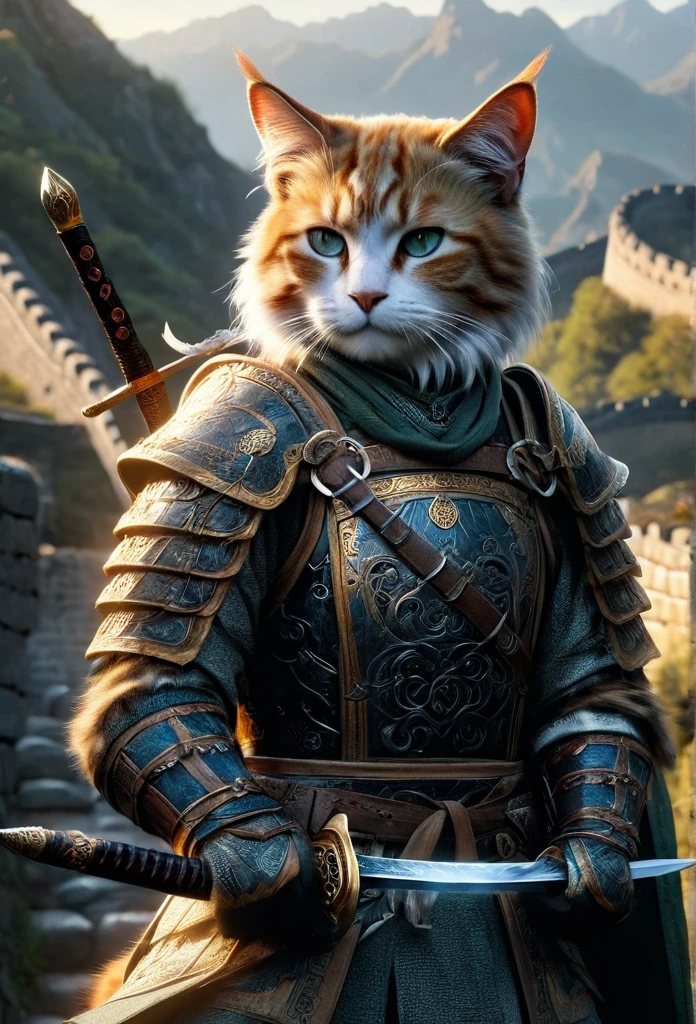 official art, unified 8k wallpaper, super detailed, Beautiful and beautiful, masterpiece, best quality, to movies《lord of the ring》style of，Real-life scenarios，Epic war scenes，(a Chinese Domestic Cat warrior:1.4)，(full body:1.2), Put on exquisite armor，holding a longsword，In battle，The Great Wall background，Cool colors，texture，Ray tracing，