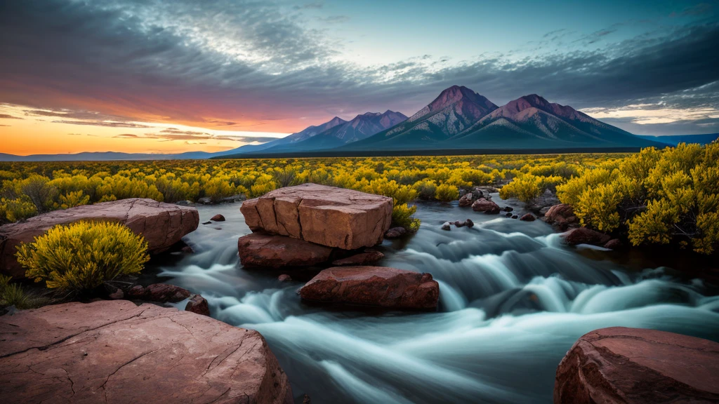 Foto a nivel del suelo dentro de la Cordillera Rocosa de Nuevo México, state Park, [perfectas condiciones de iluminación PM, con muchos rojos, naranjas, amarillos, morados en el cielo del atardecer] con un sentimiento de esplendor y humildad [después de una larga y dura lluvia con agua corriente][Espectacular asteroide de gran tamaño se rompe en muchos pedazos al reingresar] [Larga exposición en cámara de fuelle de gran formato.] [rayos de sol]  película verdadera de alto rango dinámico con infrarrojos, premiado, obra de arte heredada, 8K [Postprocesamiento: ajustar las curvas a "s", máscara de enfoque .25, Esquivar y quemar, Viñeta de borde]