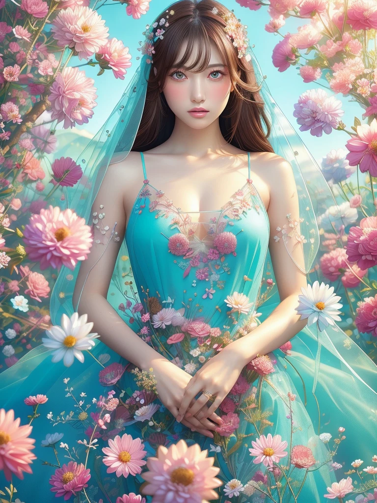 (Fashion magazines are a big hit:1.2),(Attractive woman:1.3),(Beautiful and delicate eyes:1.2),(Fashion clothing design:1.2),(Tulle texture:1.1),turquoise Flowers,surrounded by Flowers,Transparent dew,Fresh and elegant,(Flowers blooming wildly:1.2),Delicate buds,Turquoise blue atmosphere,(masterpiece:1,2),Highest quality,masterpiece,High resolution,original,Highly detailed wallpaper,Perfect lighting,(Extremely detailed CG:1.2)Flowers,turquoise Flowers,full_body, Huge_chest, whole body、(((Brown Hair 1.5)))、Transparent muscle、Whitening、Graceful pose 1.5、Pink Dress 1.4