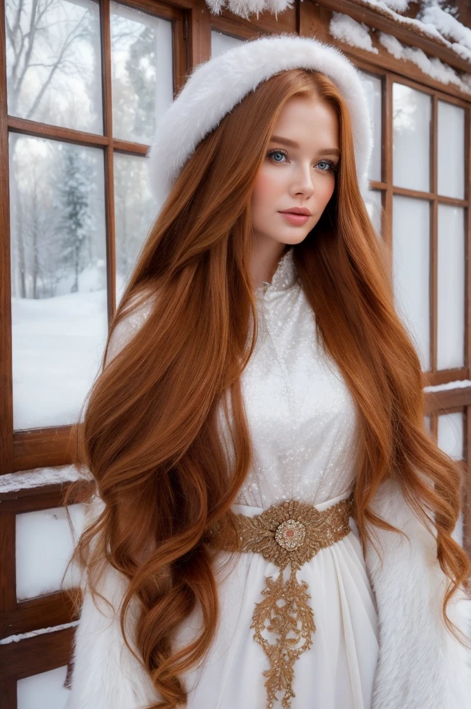 A gorgeous, pretty, shiny, kind-hearted, warm-hearted, sweet, polite, sensitive, friendly, charming, graceful, stylish, glamorous, classy, alluring, majestic, ethereal, angelical ginger long haired russian woman dressed in traditional winter costumes.