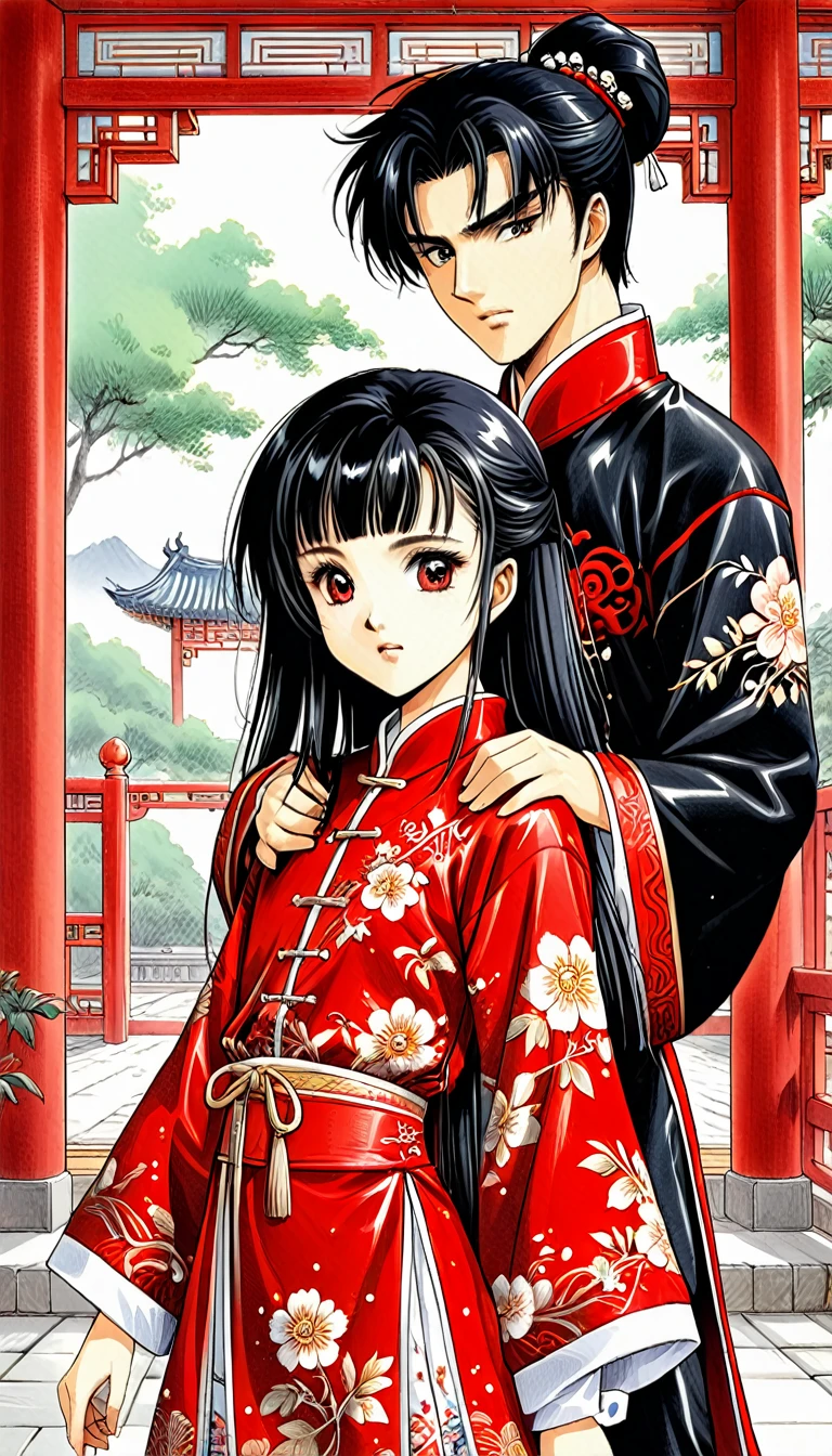 8k Tragic historical drama in live-action style: Beautiful palace secrets　Beautiful Chinese 10 year old Kung Fu girl princess with long black hair changes clothes　Gorgeous embroidery, Ultra glossy, She is wearing a shiny red top and bottom long sleeve floral pajama kung fu suit....　　