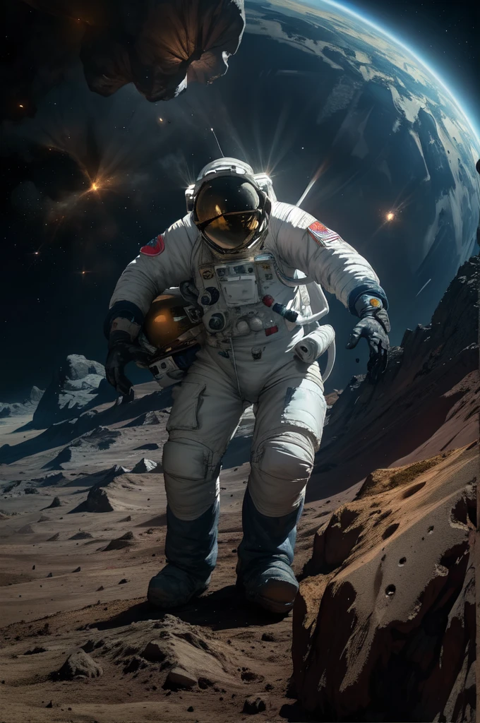 Best quality, masterpiece, Foreground: astronaut looks at his planet, background: space, a dying planet from overuse of its resources, dark.