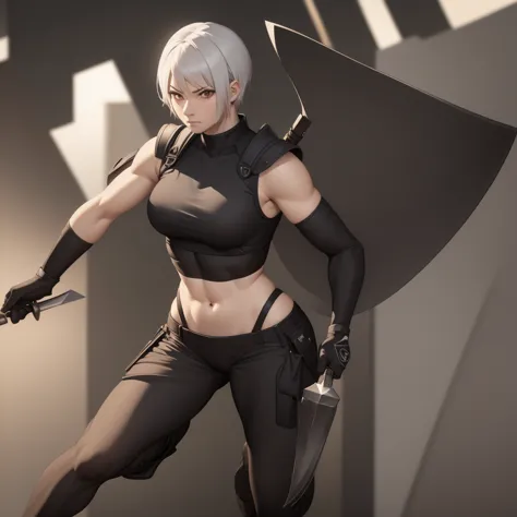 1girl,jett,asian face,white hair,short hair,black gloves, shoulder pads, black pants, cropped sleeveless jacket,aserious express...