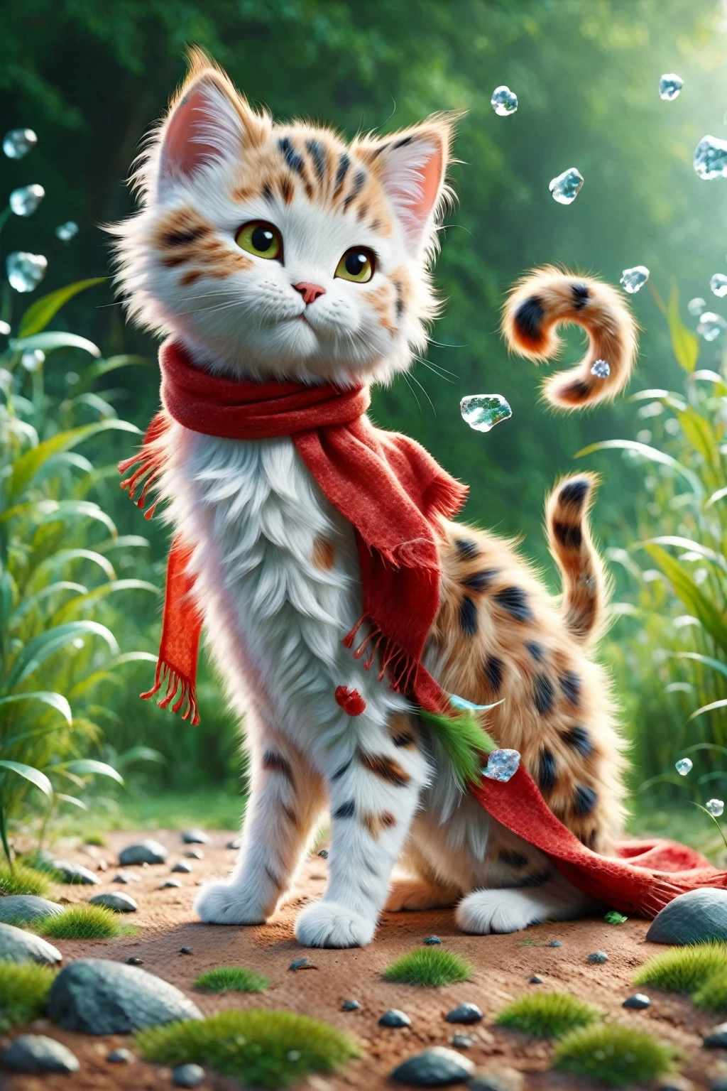 Ralph Raff,Little,masterpiece,Highest quality,original,Official Art,One cat,Red scarf,Grass,Blurred Background,Cartoon Rendering,Beautiful sparkle,(Detailed ice),Beautiful detailed water,I want a Disney Pixar style with a white background painted with watercolor 3D Animation Style,eat