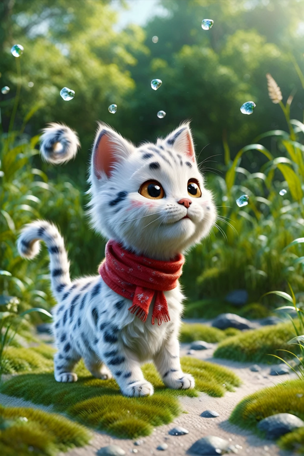 Ralph Raff,Little,masterpiece,Highest quality,original,Official Art,One cat,Red scarf,Grass,Blurred Background,Cartoon Rendering,Beautiful sparkle,(Detailed ice),Beautiful detailed water,I want a Disney Pixar style with a white background painted with watercolor 3D Animation Style,eat