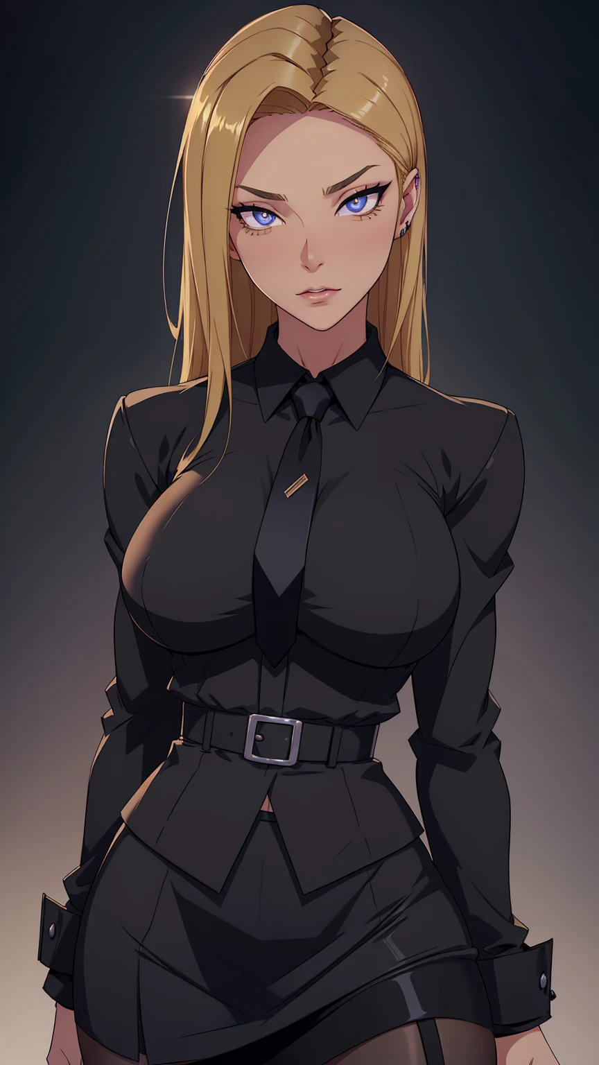 blonde hair, long hair, green eyes, body builder (Wearing black business outfit, black_collared shirt cropped jacket ,tie,necktie,black frilled skirt, garter straps, leather waist belt) (big perfect round breasts,hourglass body, thin waist,very thin waist, Photo realistic,(hyperrealistic:1)beautiful, masterpiece, best quality, extremely detailed face,perfect face,beautiful face, perfect lighting,detailed eye makeup, detail face, nice detailed eyes,nice hands, perfect hands,glowing eyes (realistic pupils,realistic iris:1) heavy eye makeup,