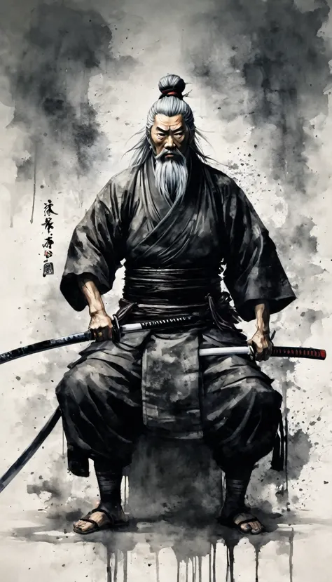 Black and white painting,Ink Painting,splash,Mamba Hair,Sitting cross-legged,seppuku,Create a hyper-realistic portrait of Miyamo...