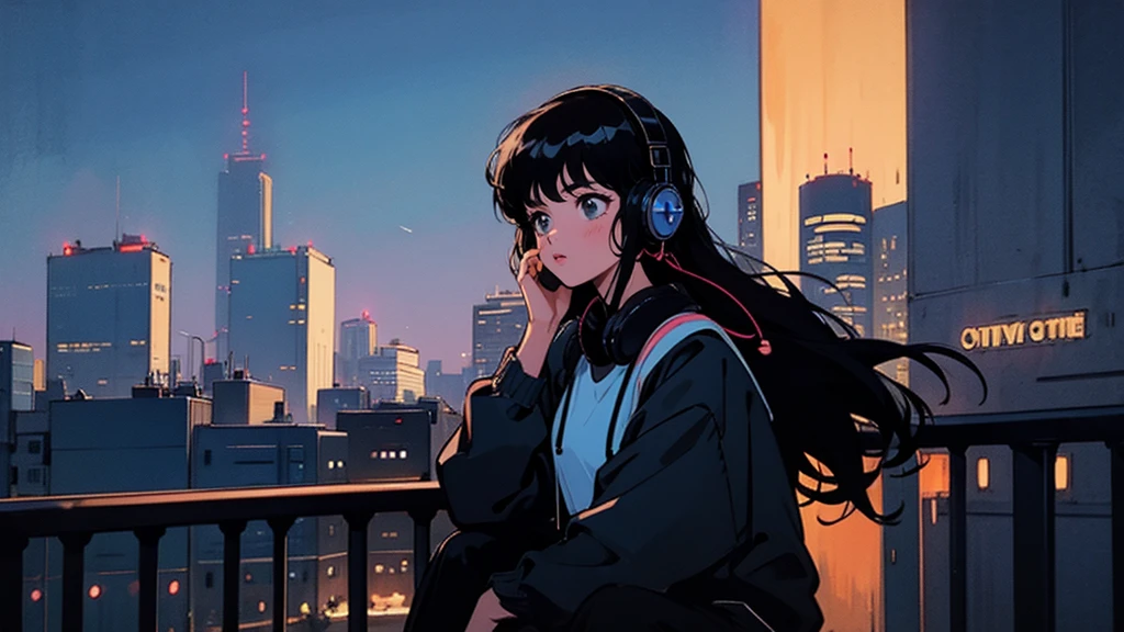 Black long Hair, Black Clothing, One Adult Woman Looking Sideways ,Blue headphones、 City of night, Delicate background、Masterpiece、Night Town、night、dark、Nostalgic、