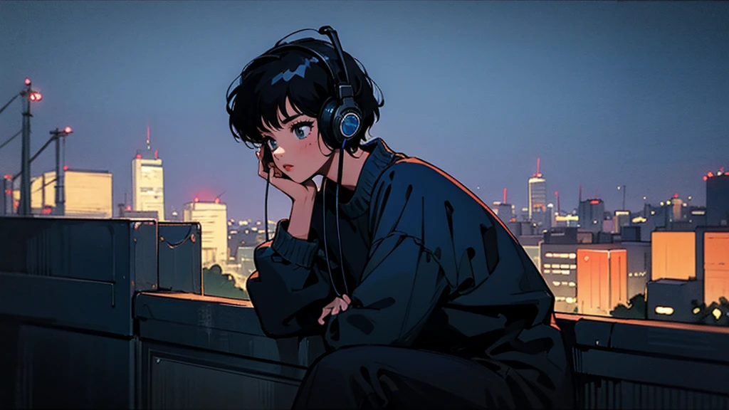 Black middle Hair, Black Clothing, One Adult Woman Looking Sideways ,Blue headphones、 City of night, Delicate background、Masterpiece、Night Town、night、dark、Nostalgic、