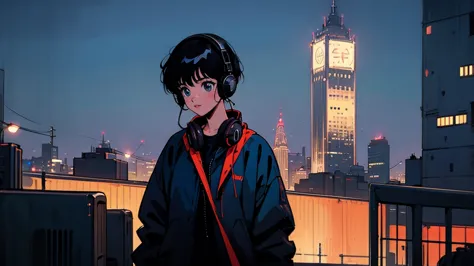 black middle hair, black clothing, one adult woman looking sideways ,blue headphones、 city of night, delicate background、masterp...