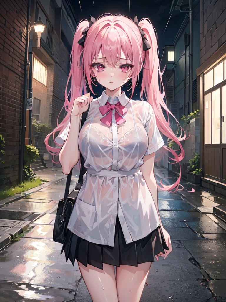 (8K、Top image quality、top-quality、​masterpiece)、A detailed face、1 girl in、A pink-haired、((twintails))、Pink eyes、piercings、cry、((is crying))、large full breasts、white  shirt、((Bra visible through clothes))、((wet clothes))、Black pleated skirt、((a miniskirt))、thighs、cowboy  shot、((POV))、((Rain shakes))、Wet asphalt、((Back alley background at night)), camel toe, กางเกงในสีขาว, กางขา,