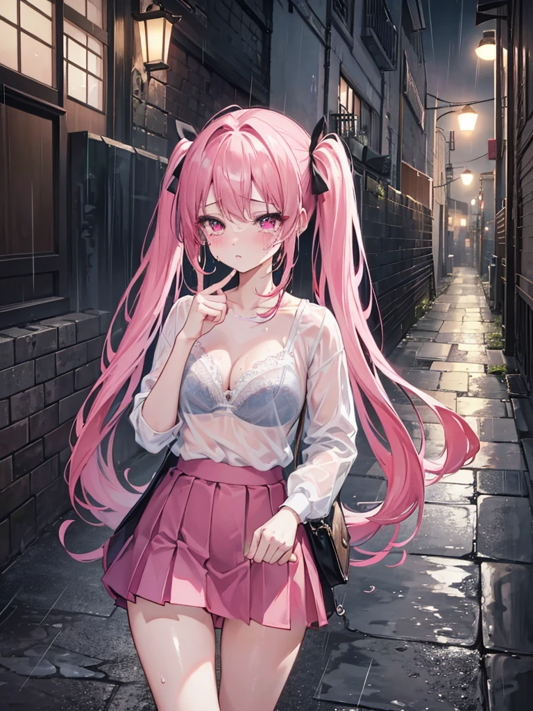 (8K、Top image quality、top-quality、​masterpiece)、A detailed face、1 girl in、A pink-haired、((twintails))、Pink eyes、piercings、cry、((is crying))、large full breasts、white  shirt、((Bra visible through clothes))、((wet clothes))、Black pleated skirt、((a miniskirt))、thighs、cowboy  shot、((POV))、((Rain shakes))、Wet asphalt、((Back alley background at night)), camel toe, กางเกงในสีขาว, กางขา,