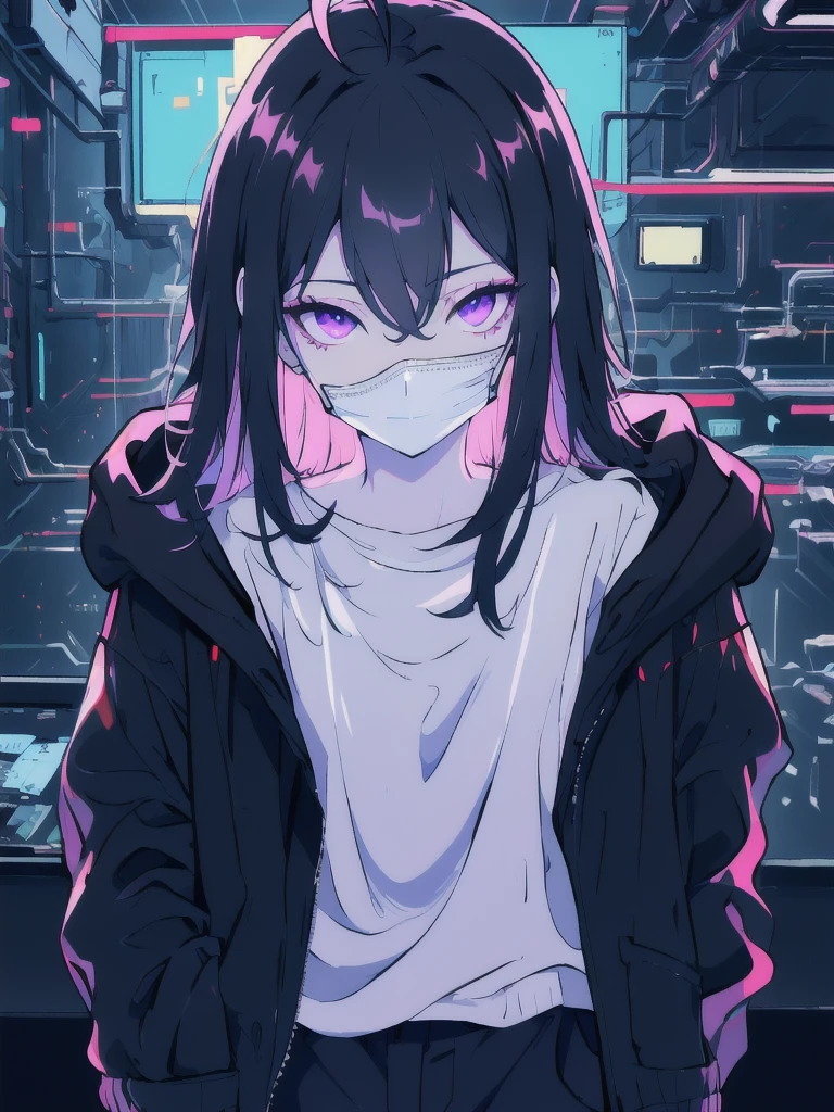 ((masterpiece)), (best quality), ((highres)), 4K, Detailed, (Ambient Light, Digital Art, Soft Lighting, extremely detailed 8K wallpaper:1.2), BREAK 1girl, solo, pale skin, violet eyes, violet hair, ahoge, (absurdly long hair:1.1), flat chest, cyberpunk scenery, black jacket, pants, shirt, night, hand in pocket, looking at viewer, hair between eyes, expressionless, rtx, neon light, black medical mask