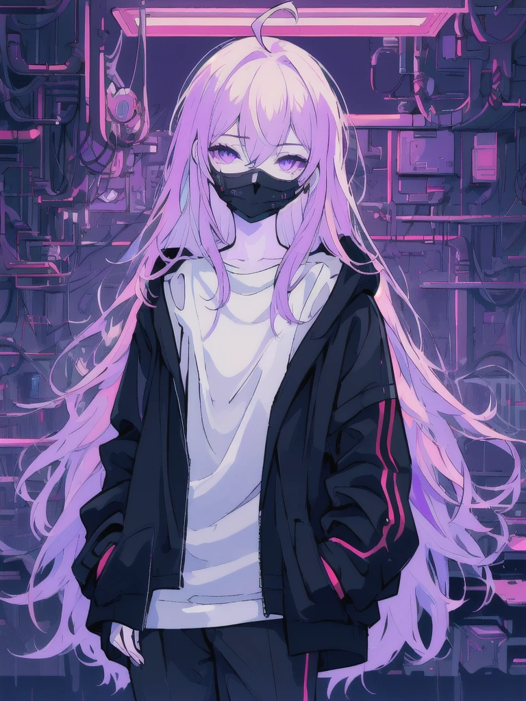 ((masterpiece)), (best quality), ((highres)), 4K, Detailed, (Ambient Light, Digital Art, Soft Lighting, extremely detailed 8K wallpaper:1.2), BREAK 1girl, solo, pale skin, violet eyes, violet hair, ahoge, (absurdly long hair:1.1), flat chest, cyberpunk scenery, black jacket, pants, shirt, night, hand in pocket, looking at viewer, hair between eyes, expressionless, rtx, neon light, black medical mask