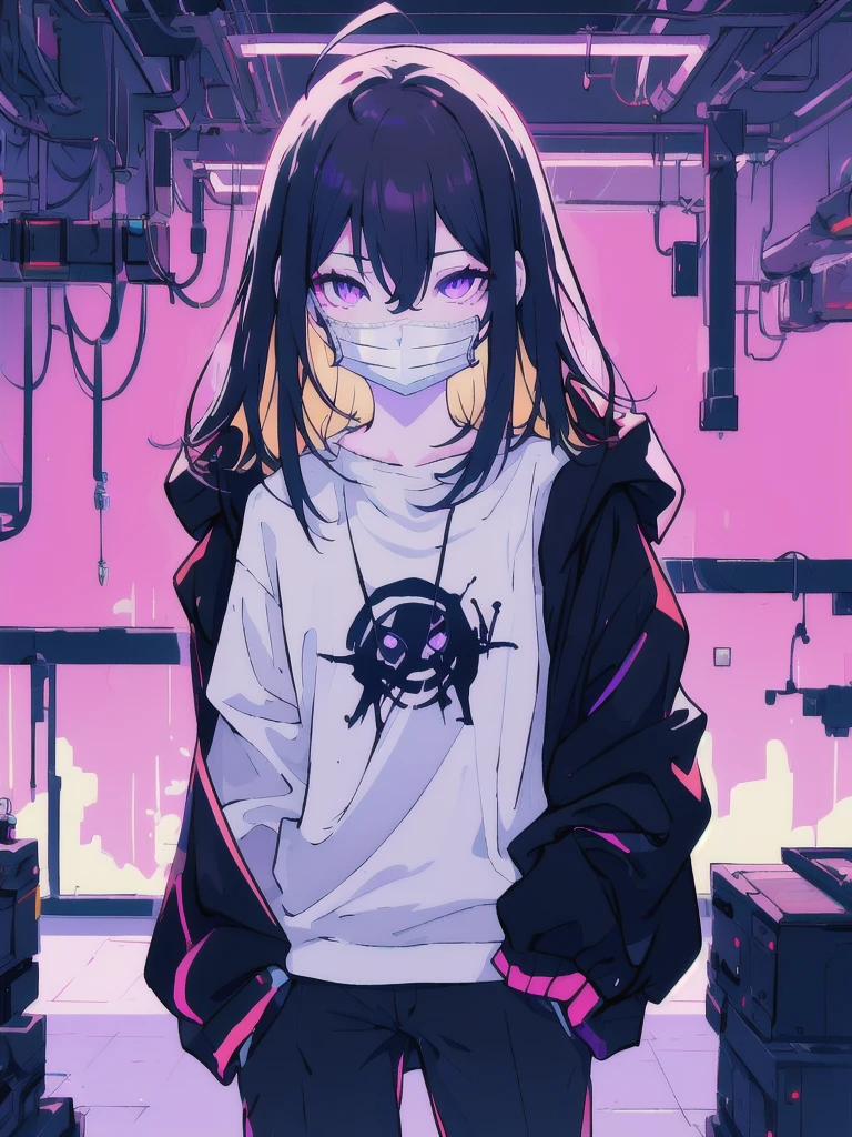 ((masterpiece)), (best quality), ((highres)), 4K, Detailed, (Ambient Light, Digital Art, Soft Lighting, extremely detailed 8K wallpaper:1.2), BREAK 1girl, solo, pale skin, violet eyes, violet hair, ahoge, (absurdly long hair:1.1), flat chest, cyberpunk scenery, black jacket, pants, shirt, night, hand in pocket, looking at viewer, hair between eyes, expressionless, rtx, neon light, black medical mask