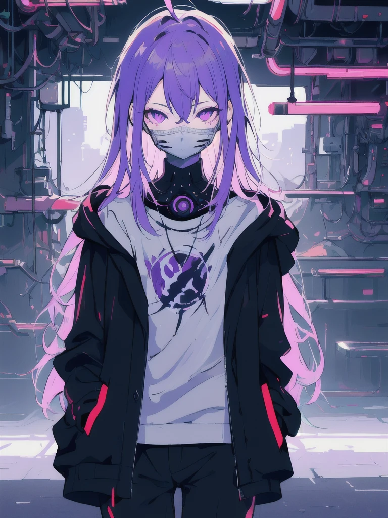 ((masterpiece)), (best quality), ((highres)), 4K, Detailed, (Ambient Light, Digital Art, Soft Lighting, extremely detailed 8K wallpaper:1.2), BREAK 1girl, solo, pale skin, violet eyes, violet hair, ahoge, (absurdly long hair:1.1), flat chest, cyberpunk scenery, black jacket, pants, shirt, night, hand in pocket, looking at viewer, hair between eyes, expressionless, rtx, neon light, black medical mask