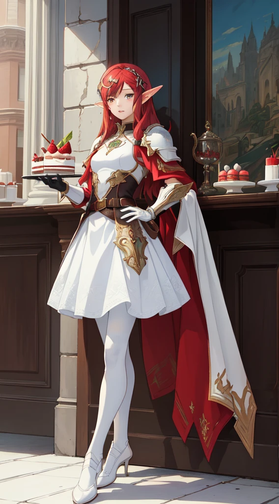 (masterpiece, top quality, Best quality, official art, beautiful and aesthetically pleasing:1.2),  (elf), (1 girl), One,  bang,  red dyed hair，((dessertpunk X white armor))，long black tights with gloves，Handsome man standing in white shoes, as detailed as possible, Artgerm&#39;s art, from Kawasi, Yusuke Murata