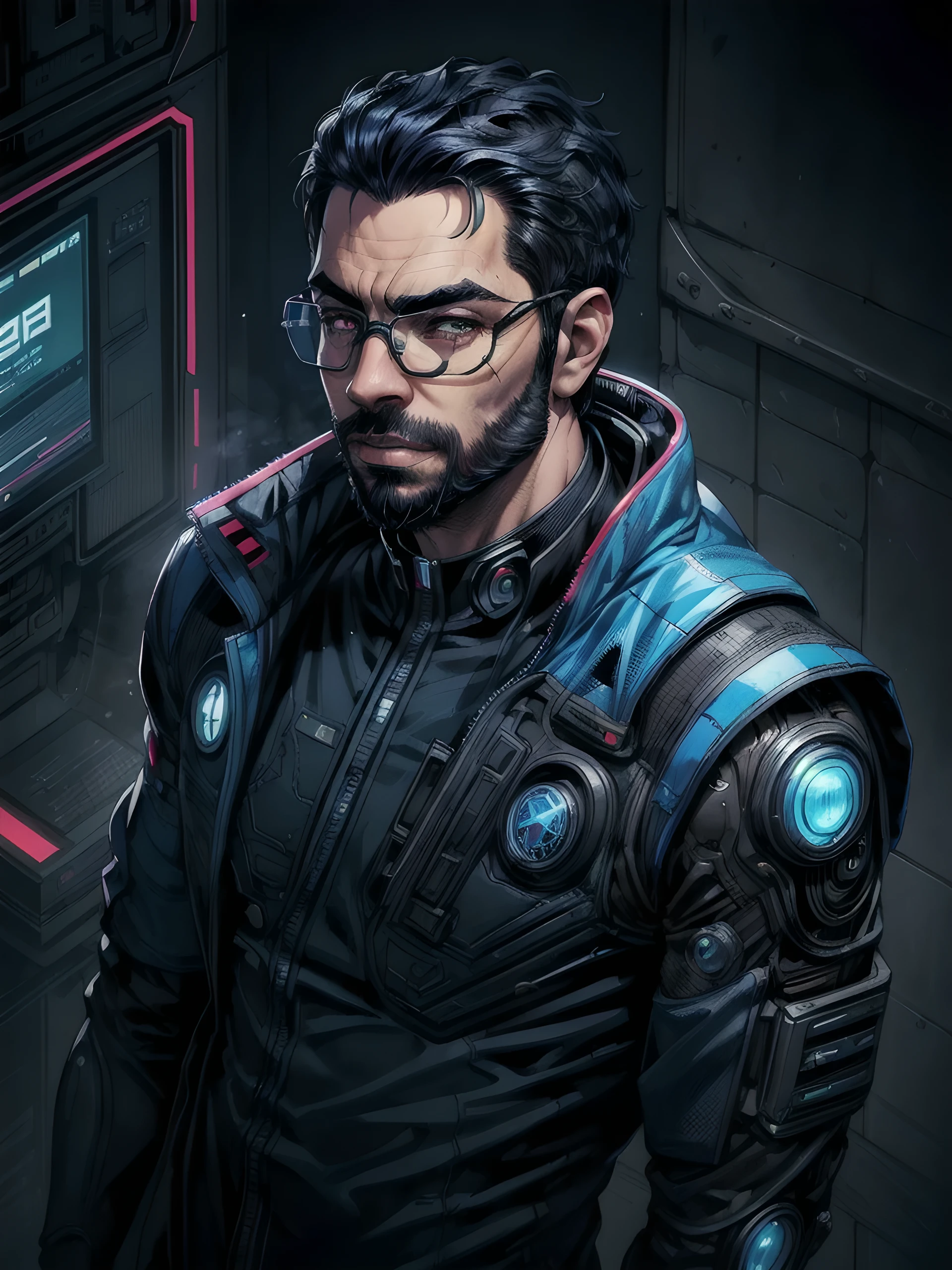 1boy, male focus, solo, facial hair, wild beard, (toned:0.1), dark [blue|black] hair, formal, looking at viewer, portrait, close up, (from above:0.9), suit, dark theme, ([cyberpunk|steampunk]:1.3), cartoon stylish, (expressive), (cybernetic:1.18), superman, toned, serious, vibrant, (colorful, thick outlines, flat color:1.12), fantasy
