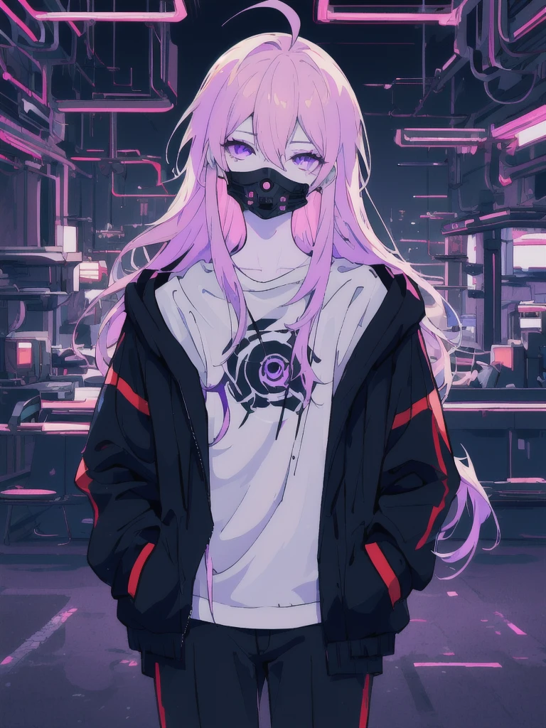 ((masterpiece)), (best quality), ((highres)), 4K, Detailed, (Ambient Light, Digital Art, Soft Lighting, extremely detailed 8K wallpaper:1.2), BREAK 1girl, solo, pale skin, violet eyes, violet hair, ahoge, (absurdly long hair:1.1), flat chest, cyberpunk scenery, black jacket, pants, shirt, night, hand in pocket, looking at viewer, hair between eyes, expressionless, rtx, neon light, black medical mask