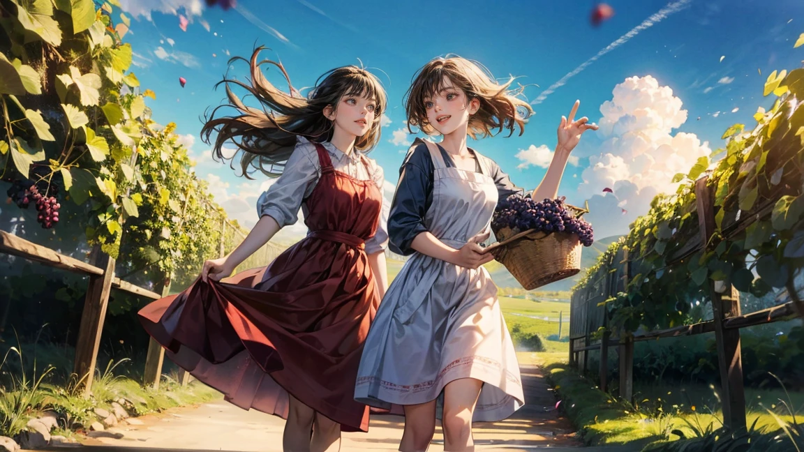 Two women joyfully stomping grapes under a clear blue sky as part of traditional winemaking. They are dressed in red dresses with white aprons, standing in a large wooden vat filled with grapes. The abundance of fruit around them adds to the scene's vibrancy, and their smiles reflect the fun of the moment. In the background, a sunny sky and the French countryside are visible.