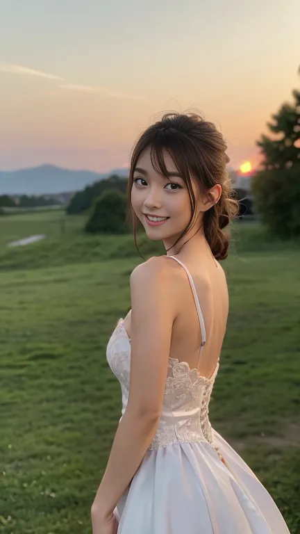 Beautiful 25 year old  woman。She is wearing a summer wedding dress. She is smiling on illuminated by the evening church lights ....