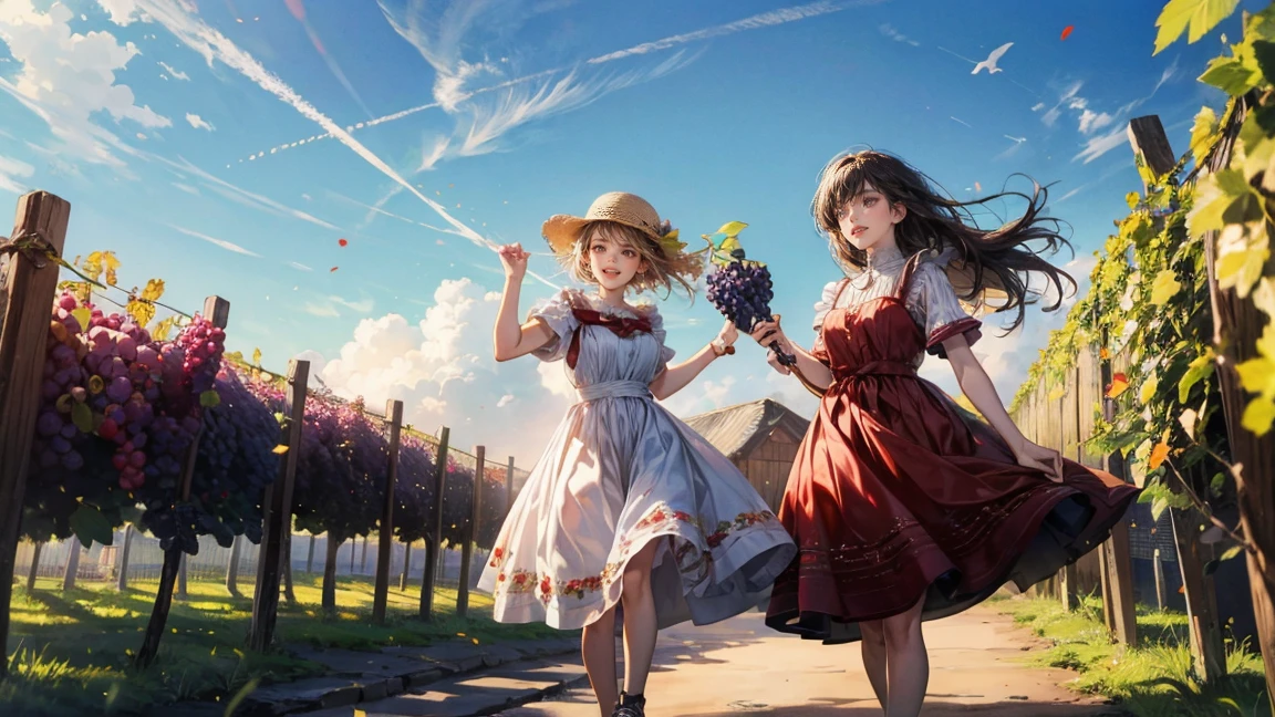 Two women joyfully stomping grapes under a clear blue sky as part of traditional winemaking. They are dressed in red dresses with white aprons, standing in a large wooden vat filled with grapes. The abundance of fruit around them adds to the scene's vibrancy, and their smiles reflect the fun of the moment. In the background, a sunny sky and the French countryside are visible.